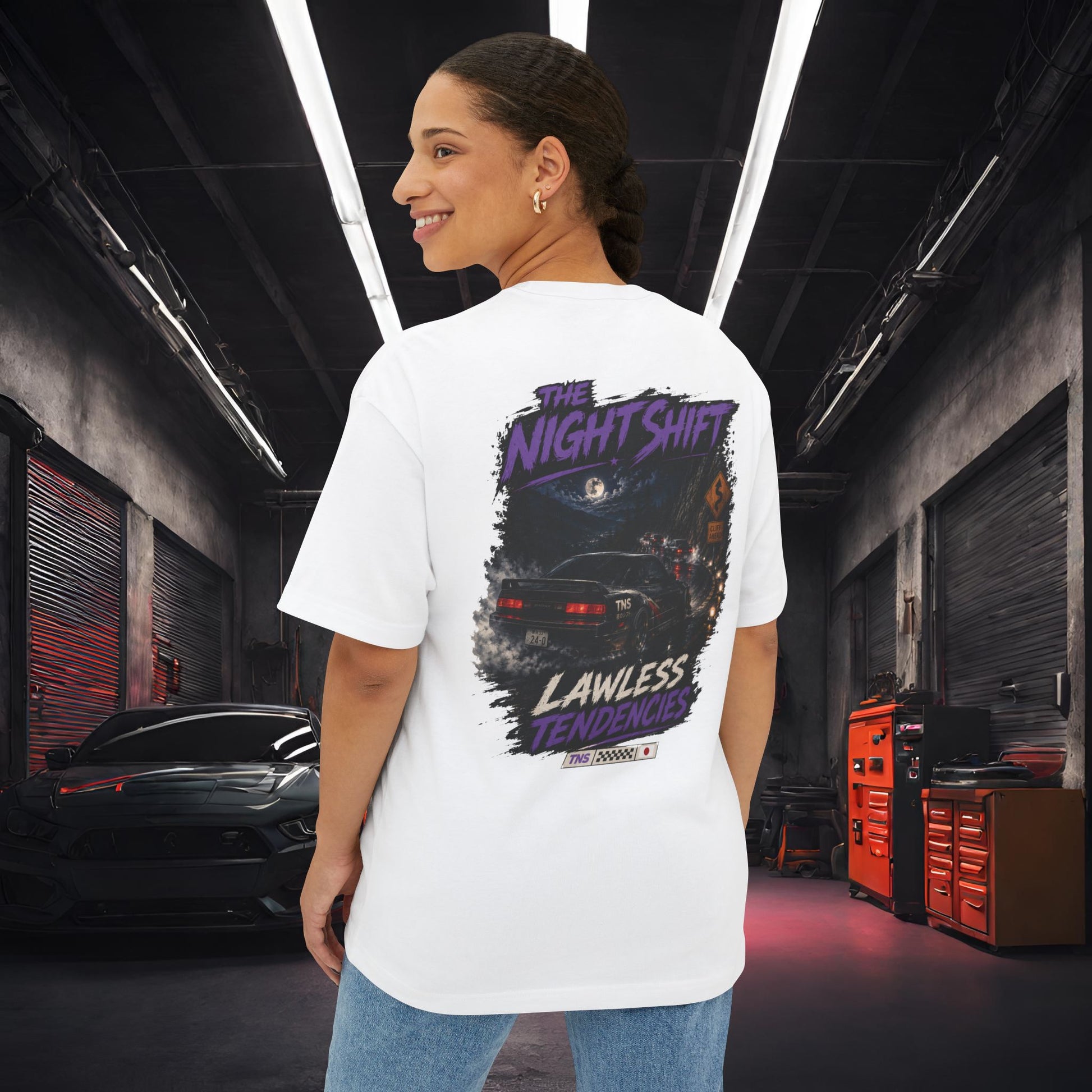 Nissan 240sx S13 Lawless Tendencies-Premium, Ultra Soft Unisex Oversized Boxy Tee Printify by The Night Shift Automotive Apparel
