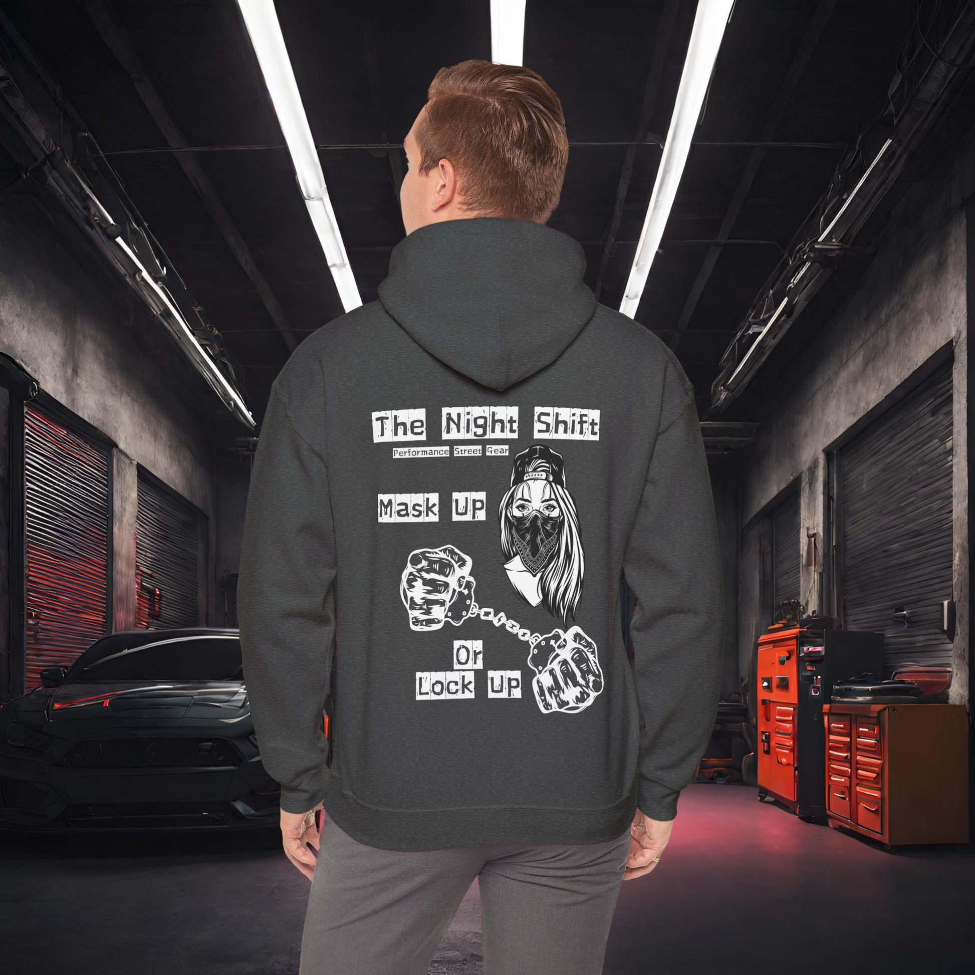 Mask Up or Lock Up-Ultra Soft, Premium Hoodie Dark Heather Printify by The Night Shift Automotive Apparel