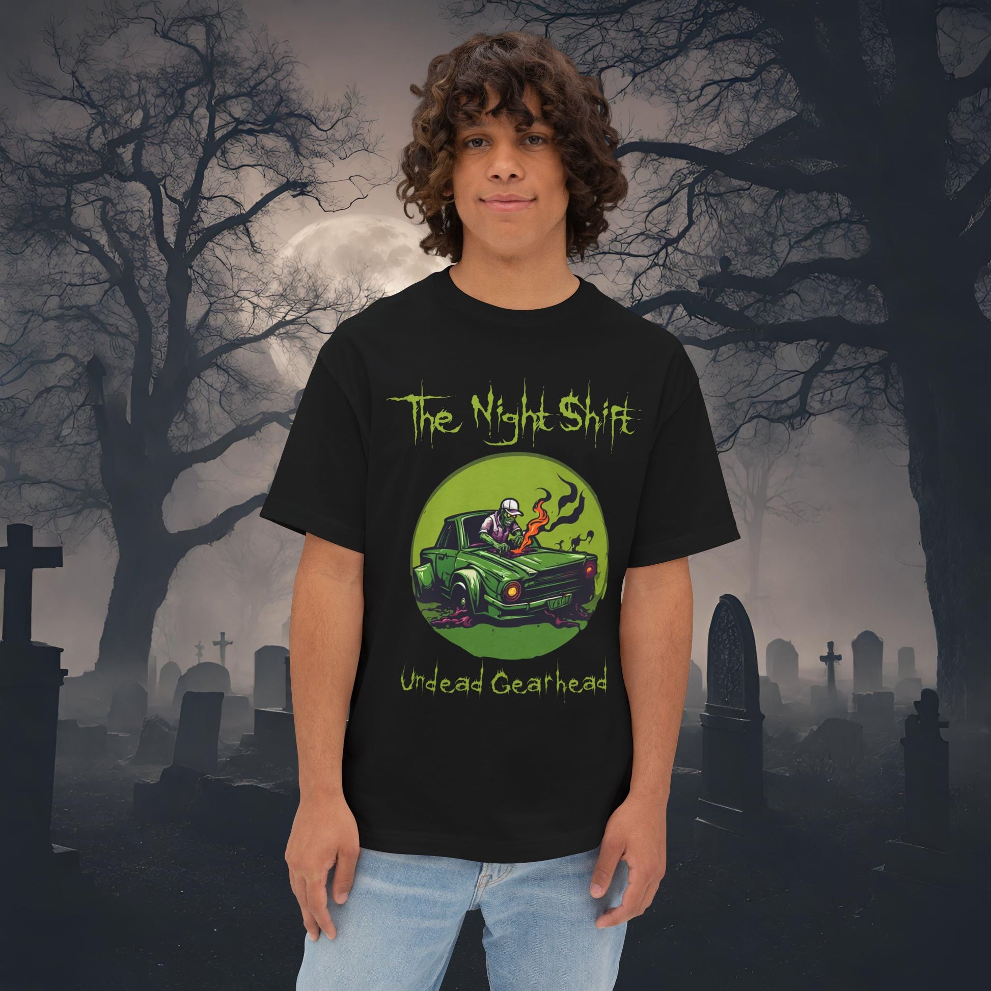 Undead Gearhead Zombie-Premium, Ultra Soft Unisex Oversized Boxy Tee Black Printify by The Night Shift Automotive Apparel