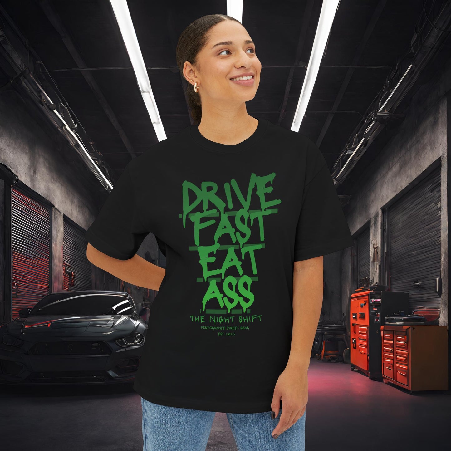 Drive Fast, Eat Ass-Premium, Ultra Soft Unisex Oversized Boxy Tee Printify by The Night Shift Automotive Apparel