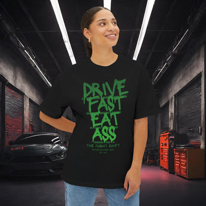Drive Fast, Eat Ass-Premium, Ultra Soft Unisex Oversized Boxy Tee Printify by The Night Shift Automotive Apparel