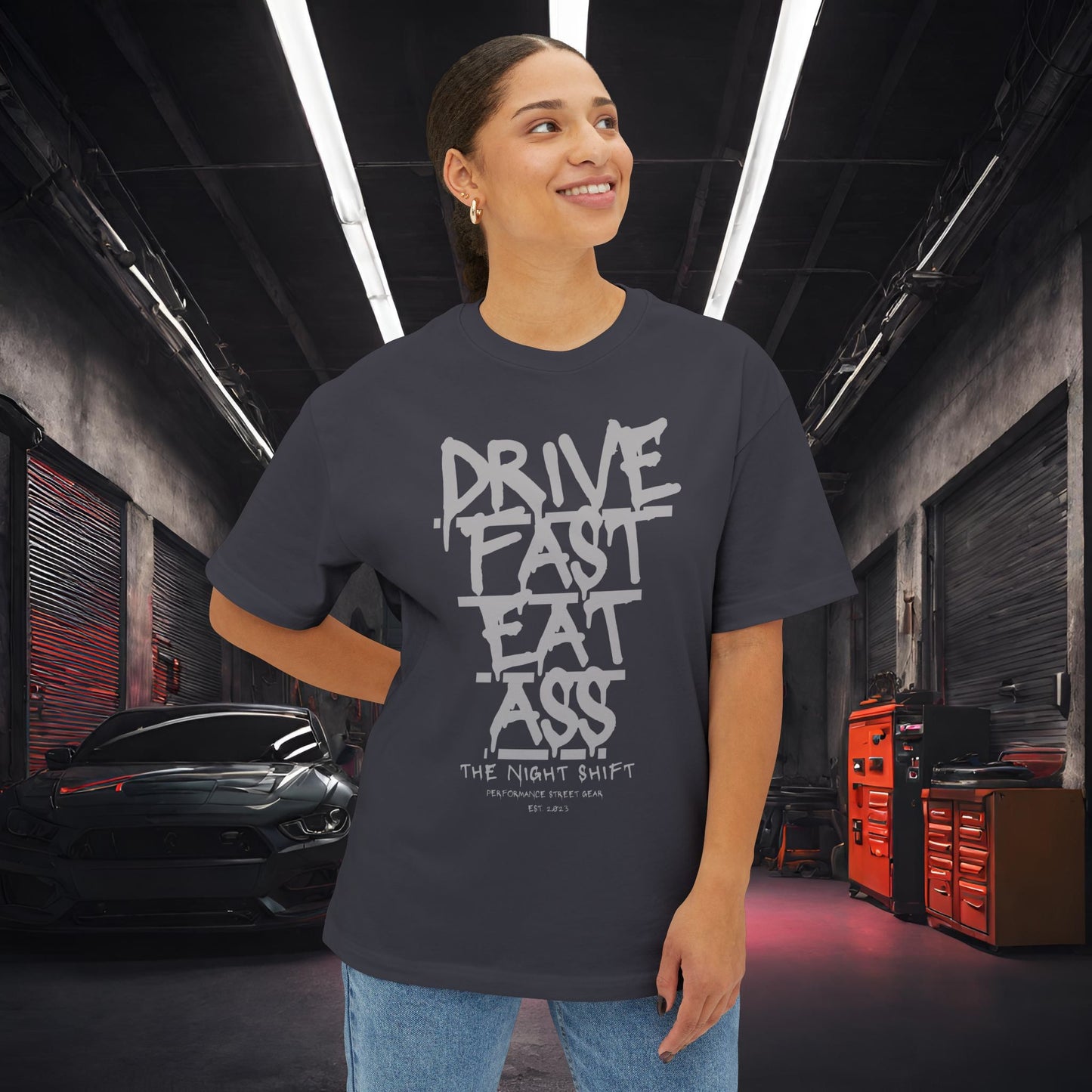 Drive Fast, Eat Ass-Premium, Ultra Soft Unisex Oversized Boxy Tee Printify by The Night Shift Automotive Apparel
