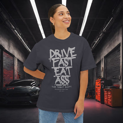 Drive Fast, Eat Ass-Premium, Ultra Soft Unisex Oversized Boxy Tee Printify by The Night Shift Automotive Apparel