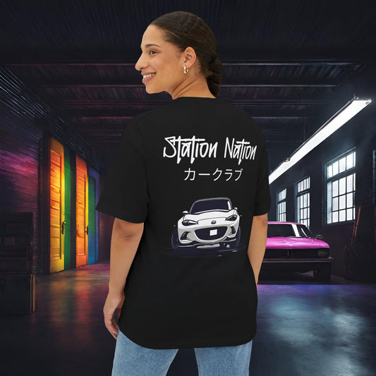Station Nation-Premium, Ultra Soft Unisex Oversized Boxy Tee Black Printify by The Night Shift Automotive Apparel