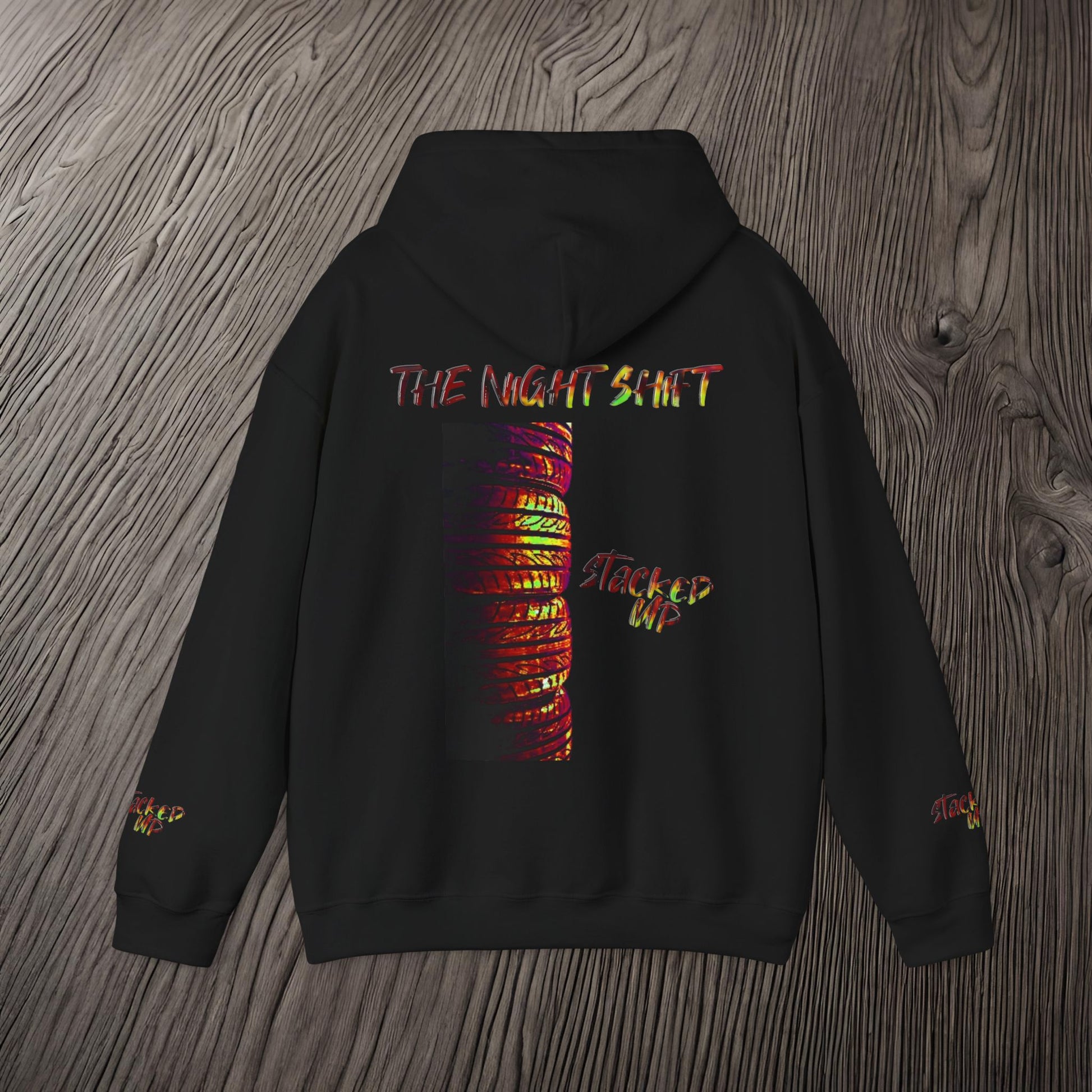 Stacked Up Track Tire Day Synthwave-Premium, Ultra Soft Unisex Hoodie Printify by The Night Shift Automotive Apparel