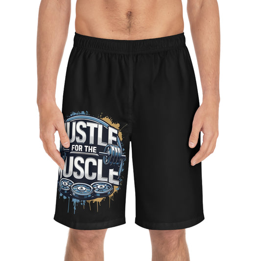 Hustle For The Muscle - Men's Relaxed Fit Board Shorts Seam thread color automatically matched to design Printify by The Night Shift Automotive Apparel
