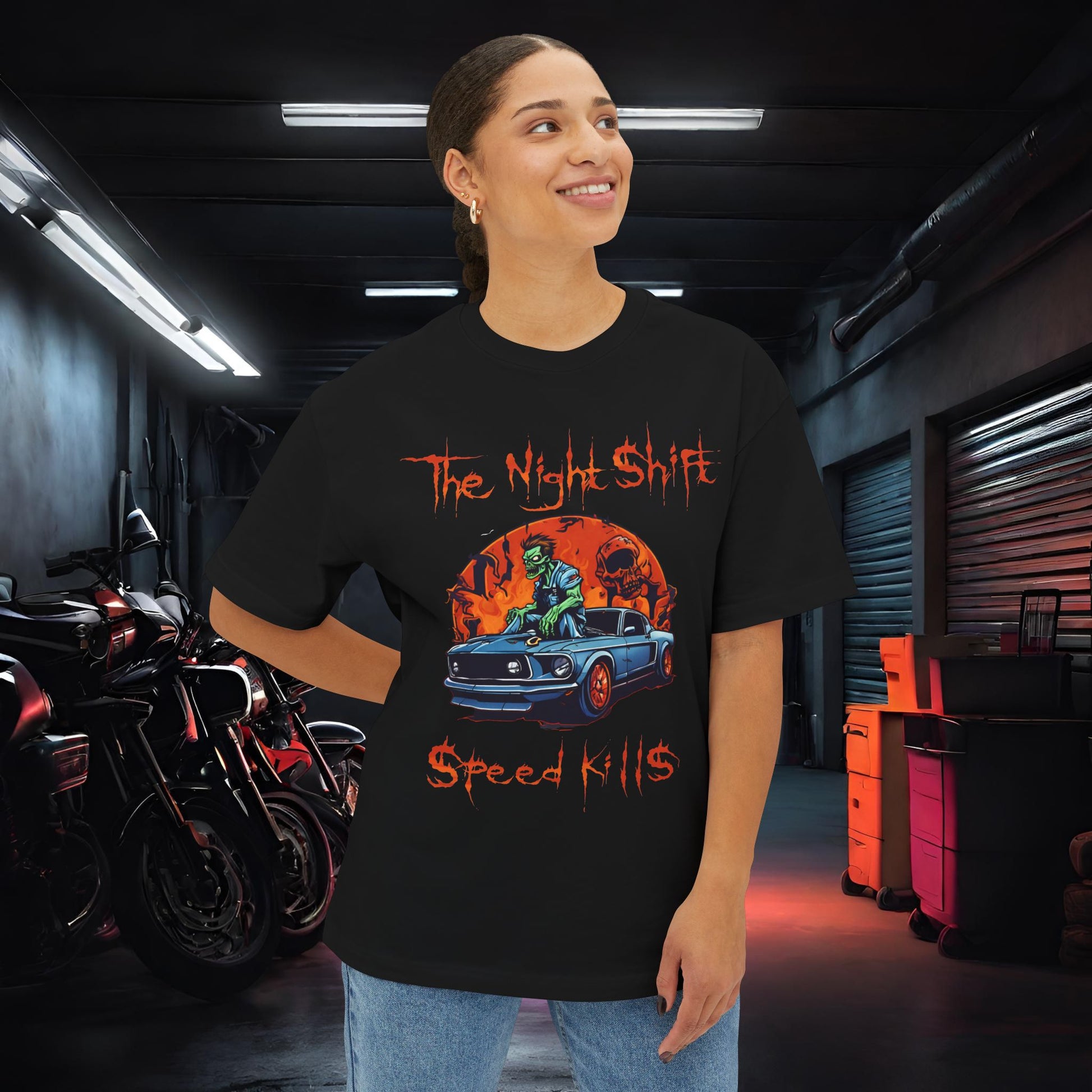 Speed Kills Zombie Mustang-Premium, Ultra Soft Unisex Oversized Boxy Tee Printify by The Night Shift Automotive Apparel