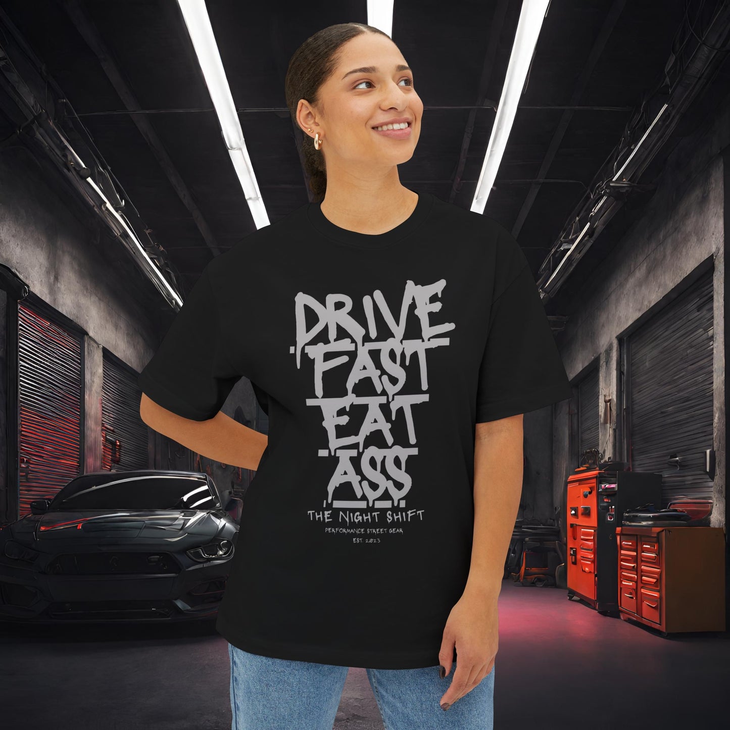 Drive Fast, Eat Ass-Premium, Ultra Soft Unisex Oversized Boxy Tee Printify by The Night Shift Automotive Apparel