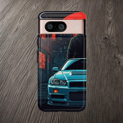 Nissan Skyline R34 Street Life-Dual Layer Ultra Tough Phone Case Google Pixel 8 Glossy Printify by The Night Shift Automotive Apparel
