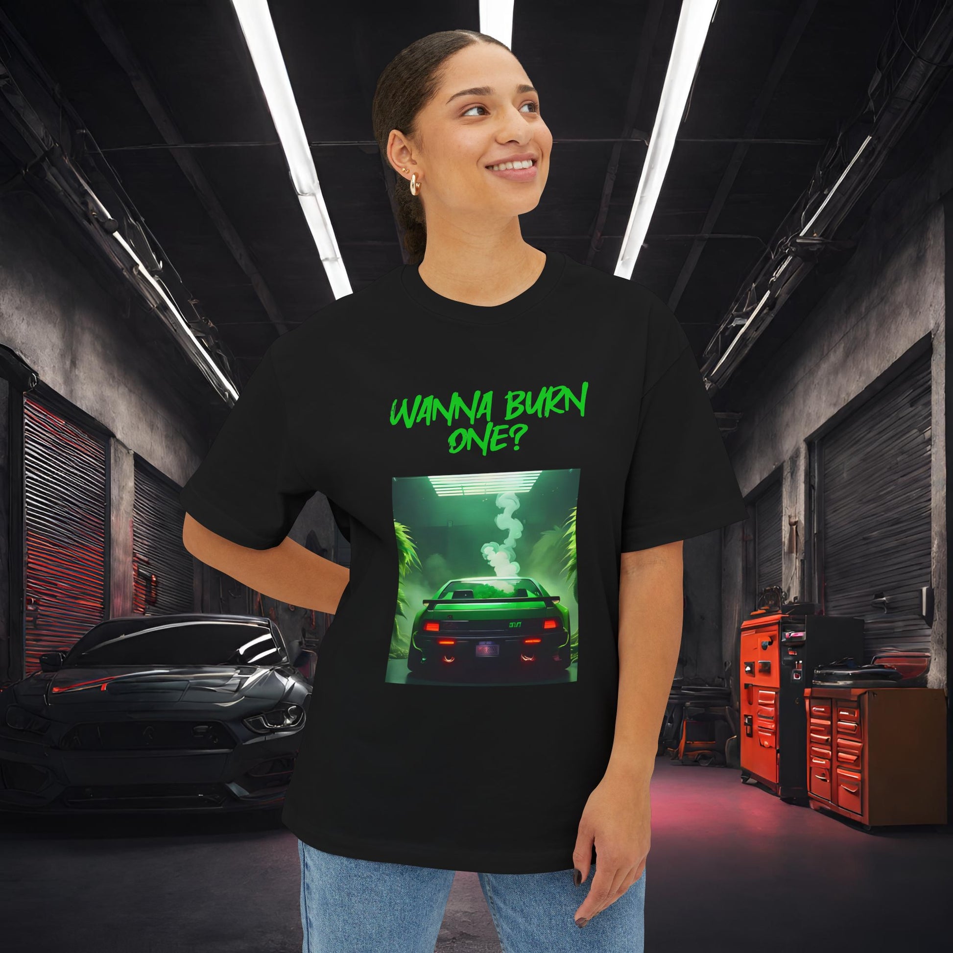 Wanna Burn One-Premium, Ultra Soft Unisex Oversized Boxy Tee Printify by The Night Shift Automotive Apparel