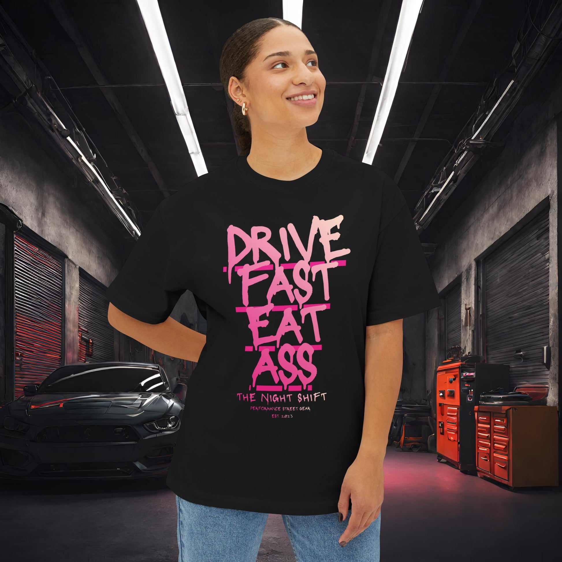 Drive Fast, Eat Ass-Premium, Ultra Soft Unisex Oversized Boxy Tee Printify by The Night Shift Automotive Apparel