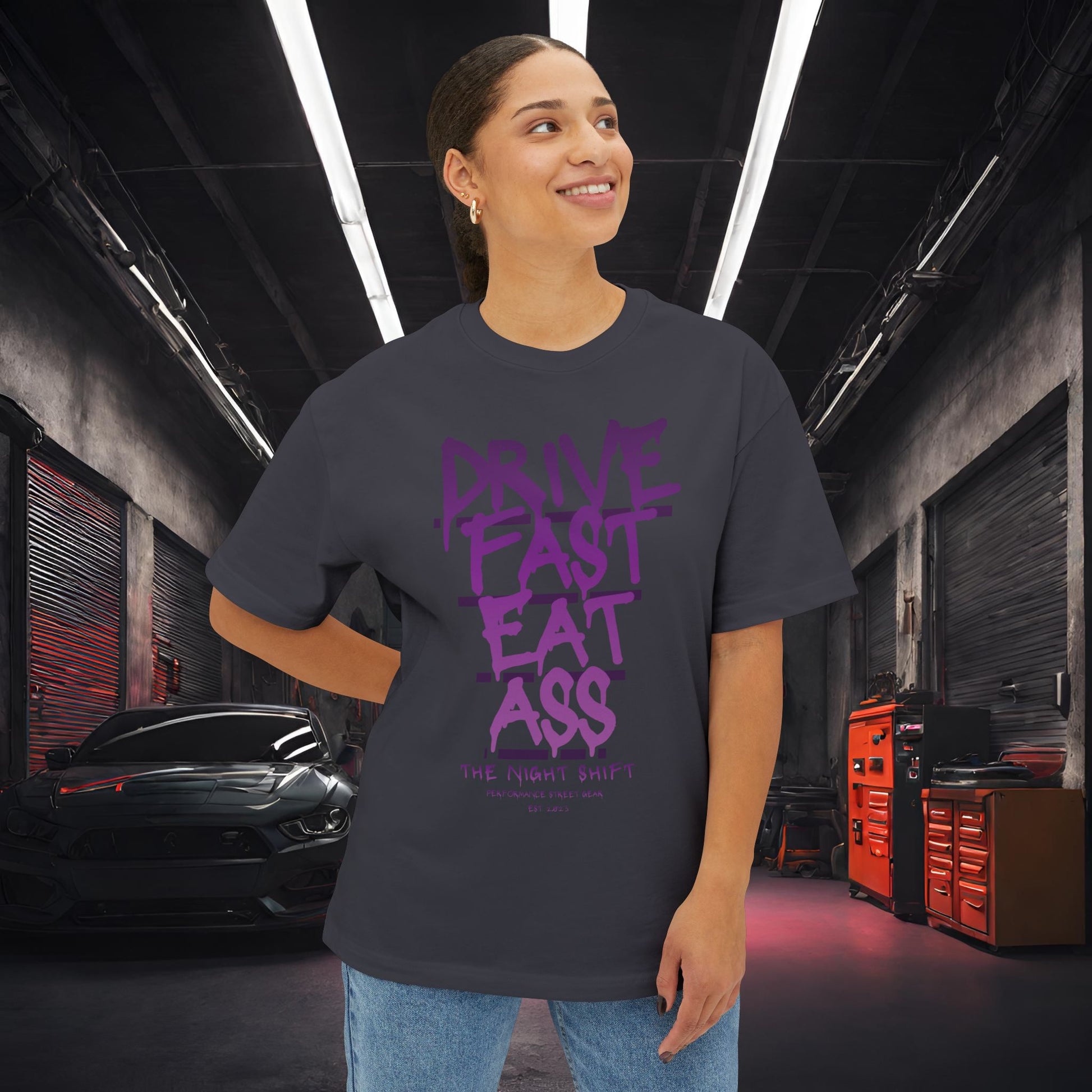 Drive Fast, Eat Ass-Premium, Ultra Soft Unisex Oversized Boxy Tee Printify by The Night Shift Automotive Apparel