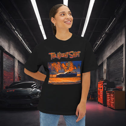 Chevy Corvette C7 Drifting Nedco NHMS-Premium, Ultra Soft Unisex Oversized Boxy Tee Printify by The Night Shift Automotive Apparel