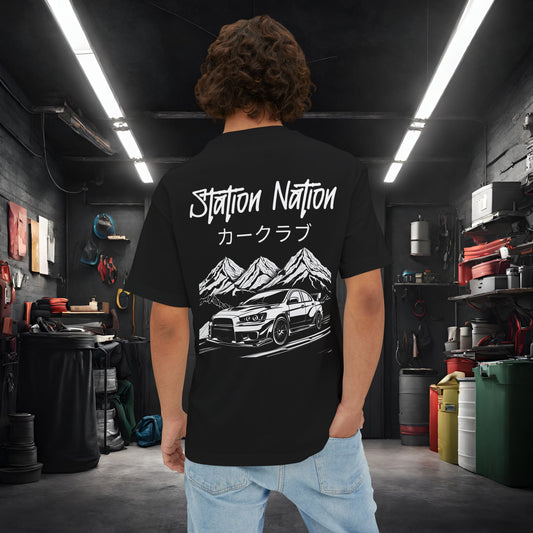 Station Nation-Premium, Ultra Soft Unisex Oversized Boxy Tee Black Printify by The Night Shift Automotive Apparel