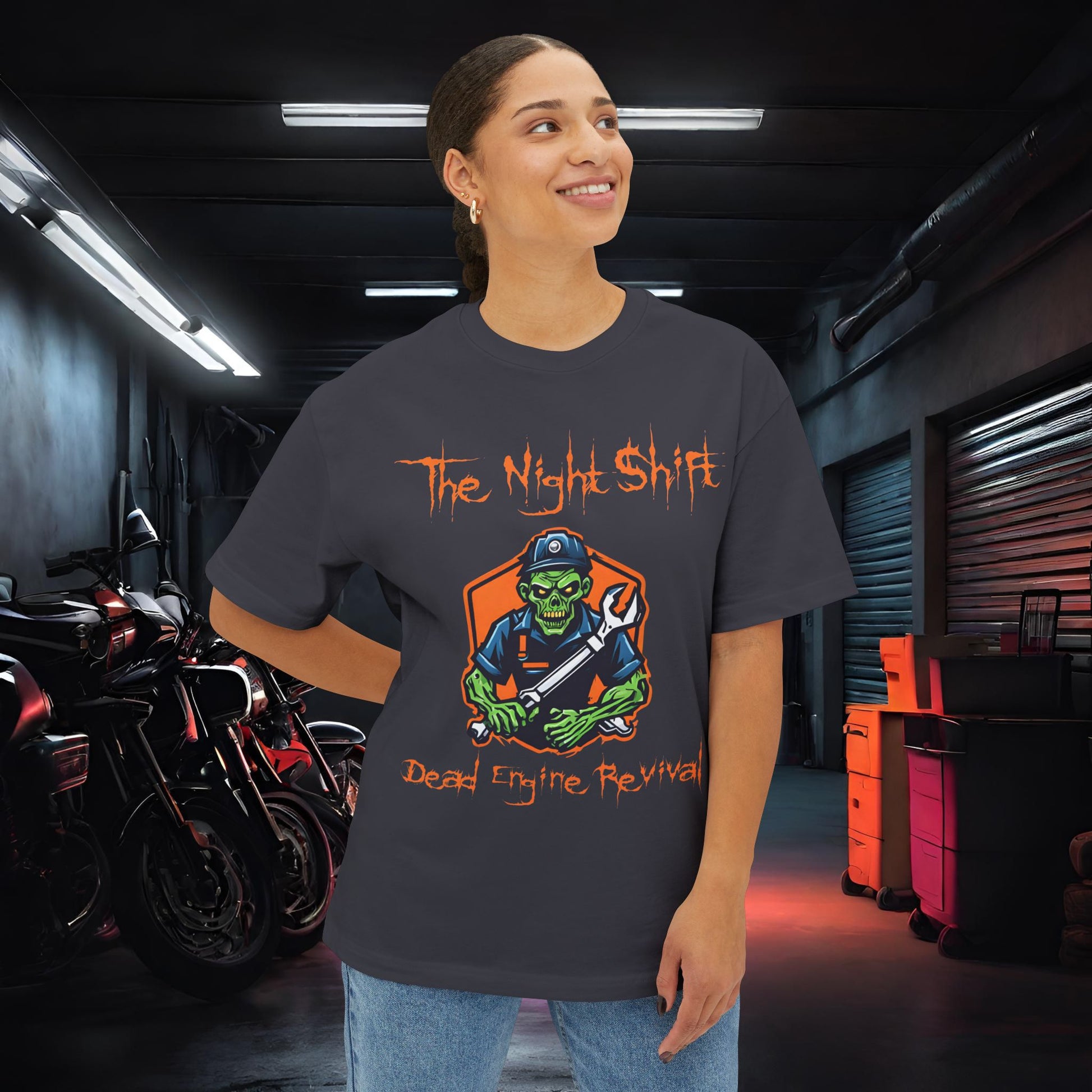 Zombie Dead Engine Revival-Premium, Ultra Soft Unisex Oversized Boxy Tee Printify by The Night Shift Automotive Apparel