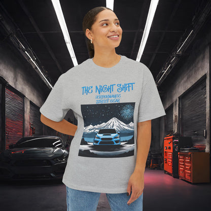 Subaru WRX Fireworks In The Mountains-Premium, Ultra Soft Unisex Oversized Boxy Tee Printify by The Night Shift Automotive Apparel