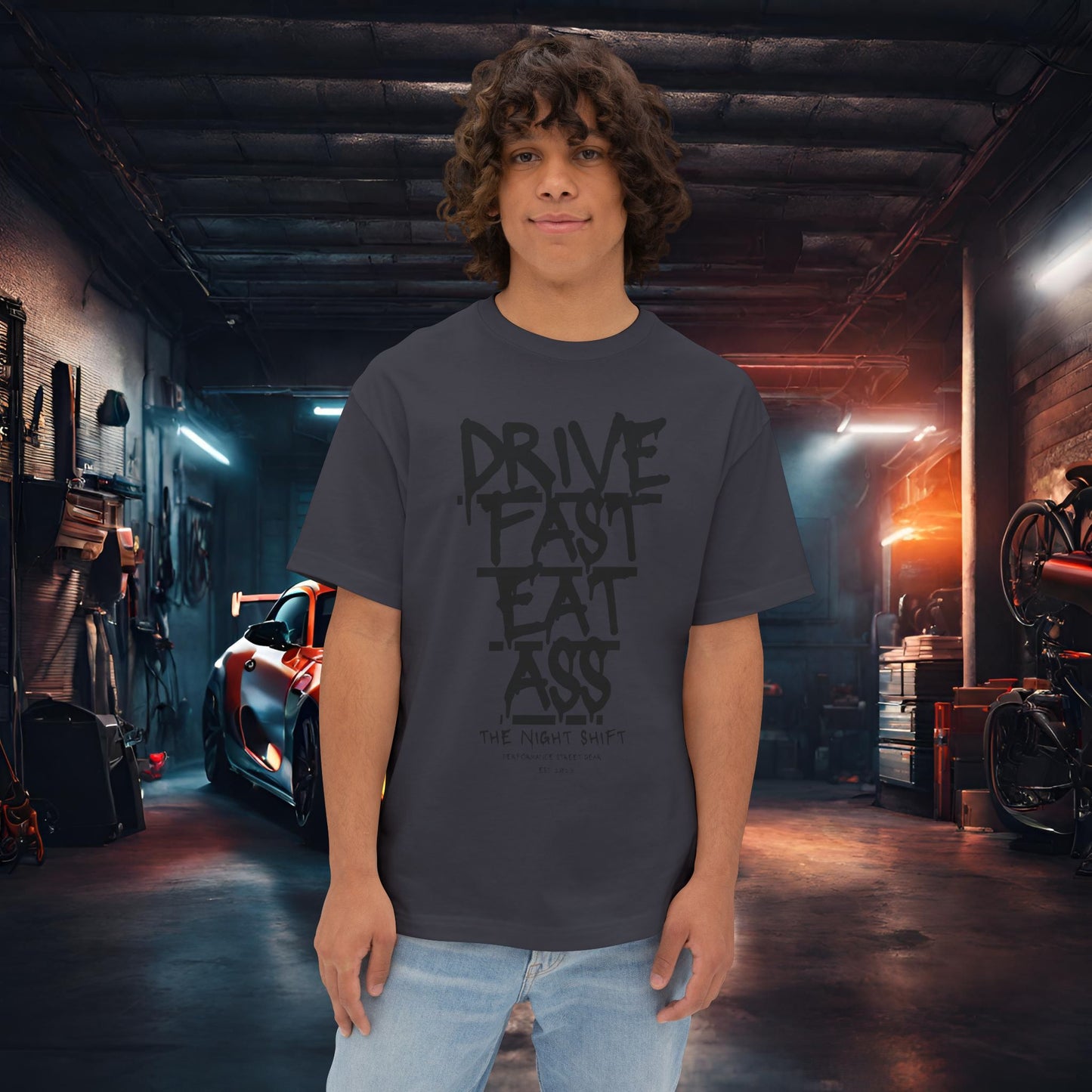 Drive Fast, Eat Ass-Premium, Ultra Soft Unisex Oversized Boxy Tee Dark Grey Printify by The Night Shift Automotive Apparel