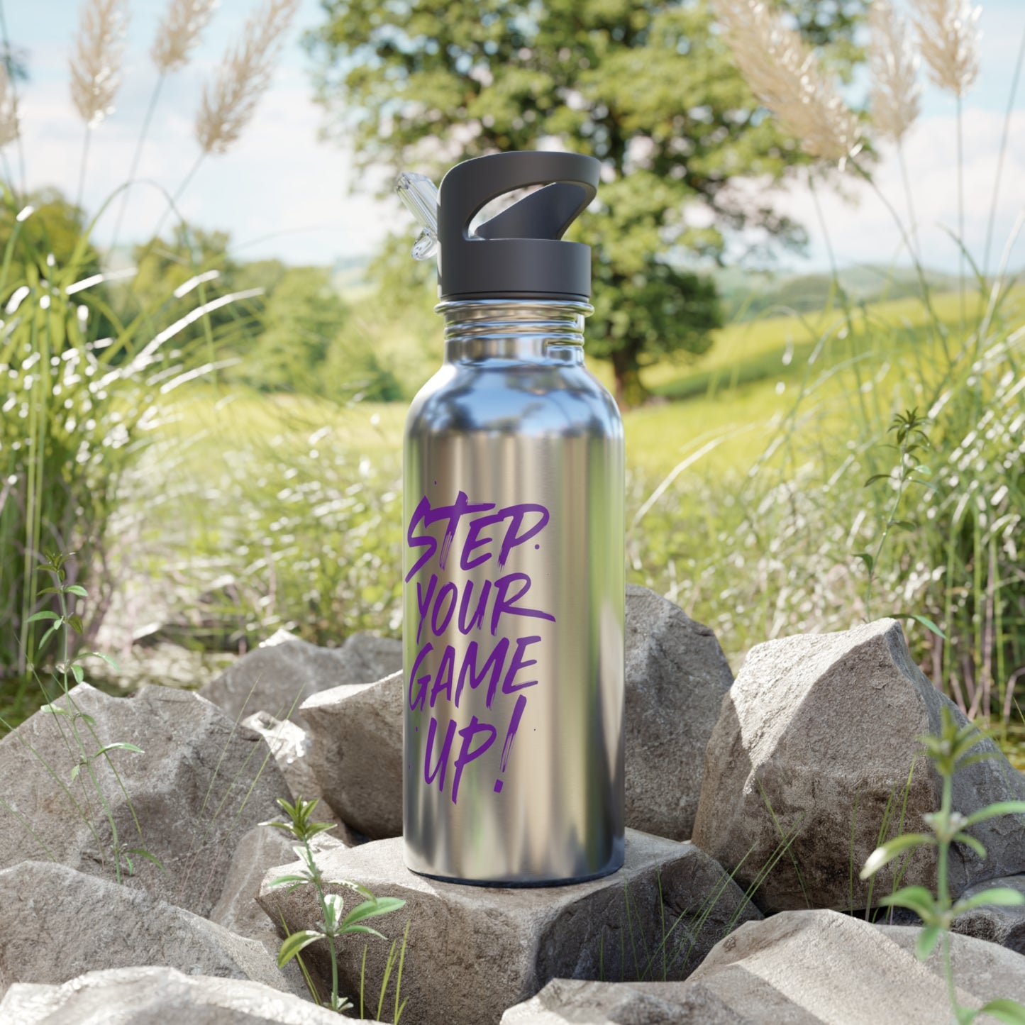 Stainless Steel Water Bottle With Straw, 20oz 20oz Silver Printify by The Night Shift Automotive Apparel