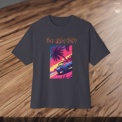 Miata Topless Beach Cruise Synthwave-Premium, Ultra Soft Unisex Oversized Boxy Tee Printify by The Night Shift Automotive Apparel