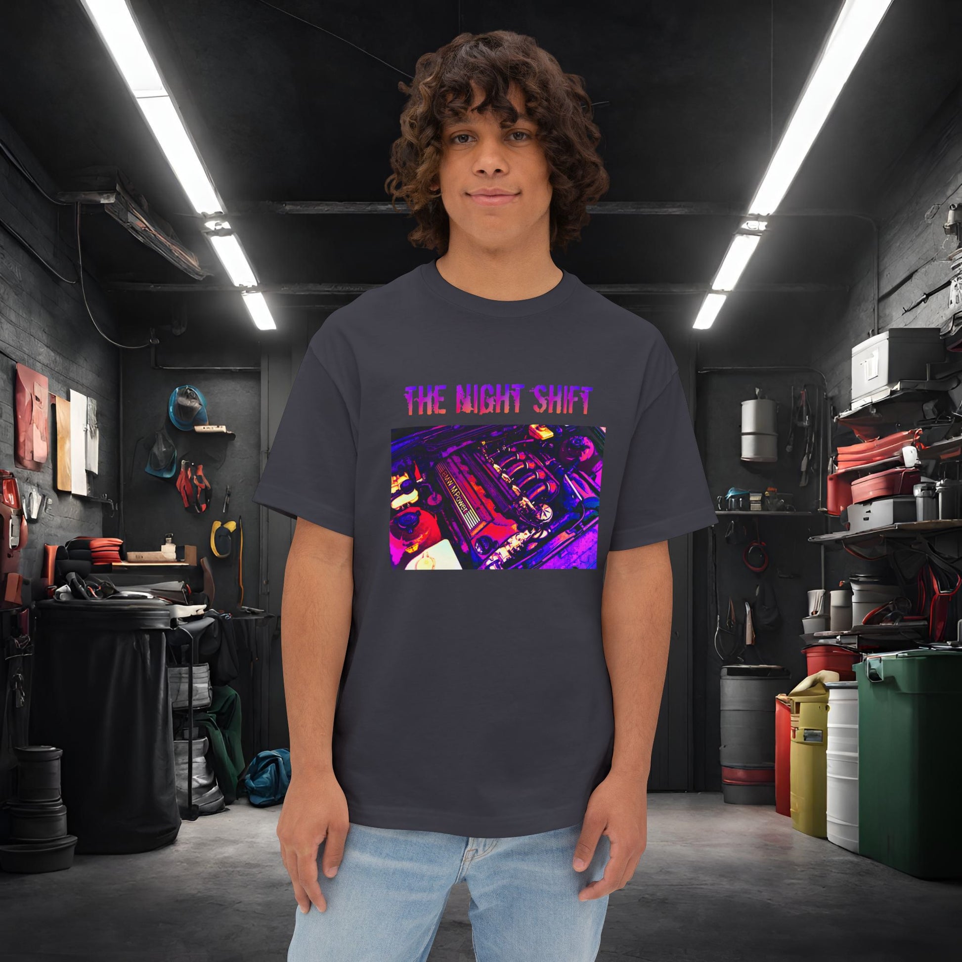 S50B32 Synthwave-Premium, Ultra Soft Unisex Oversized Boxy Tee Dark Grey Printify by The Night Shift Automotive Apparel