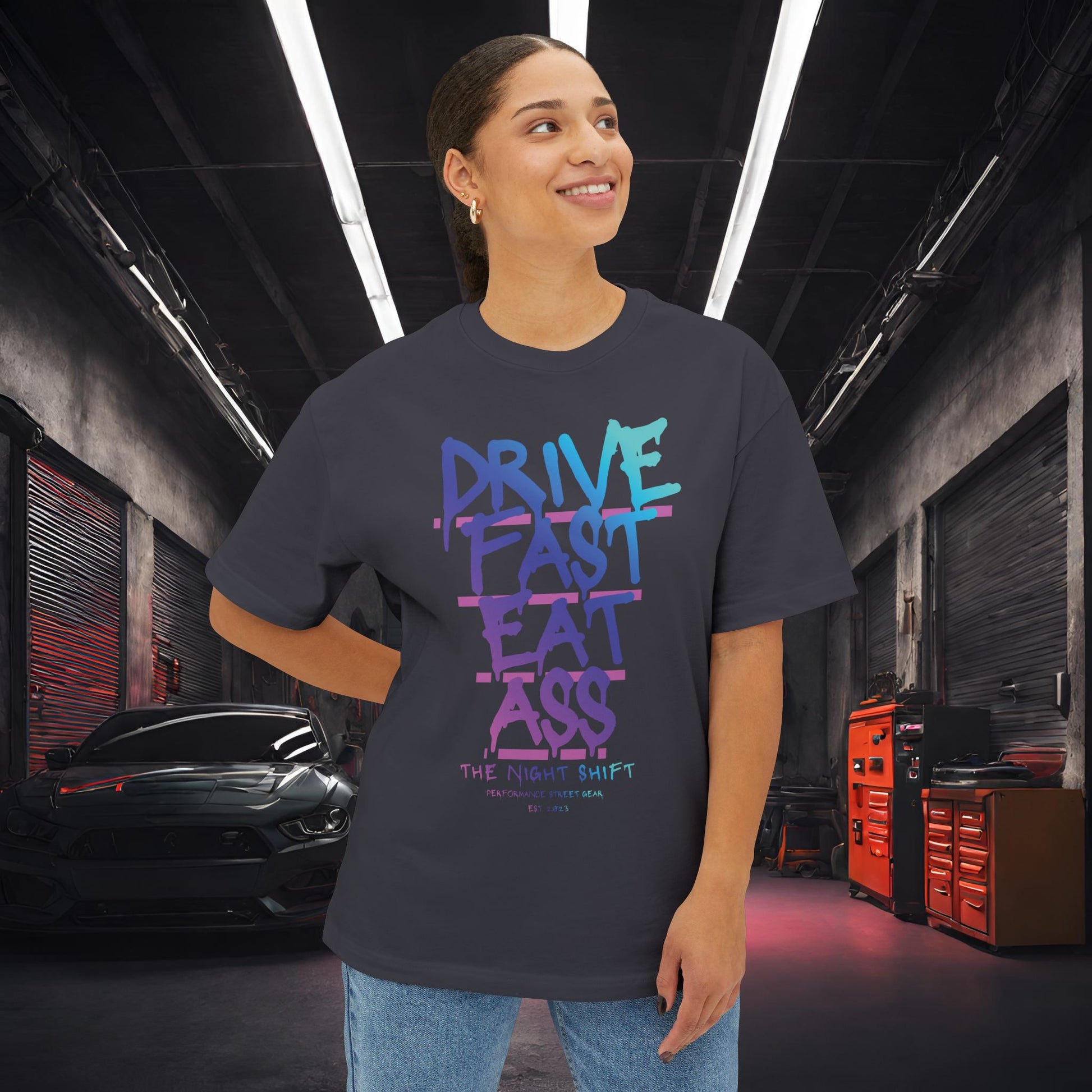 Drive Fast, Eat Ass-Premium, Ultra Soft Unisex Oversized Boxy Tee Printify by The Night Shift Automotive Apparel