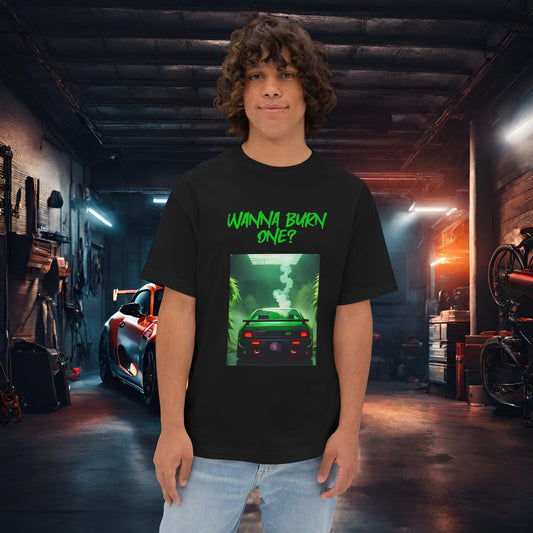 Wanna Burn One-Premium, Ultra Soft Unisex Oversized Boxy Tee Black Printify by The Night Shift Automotive Apparel