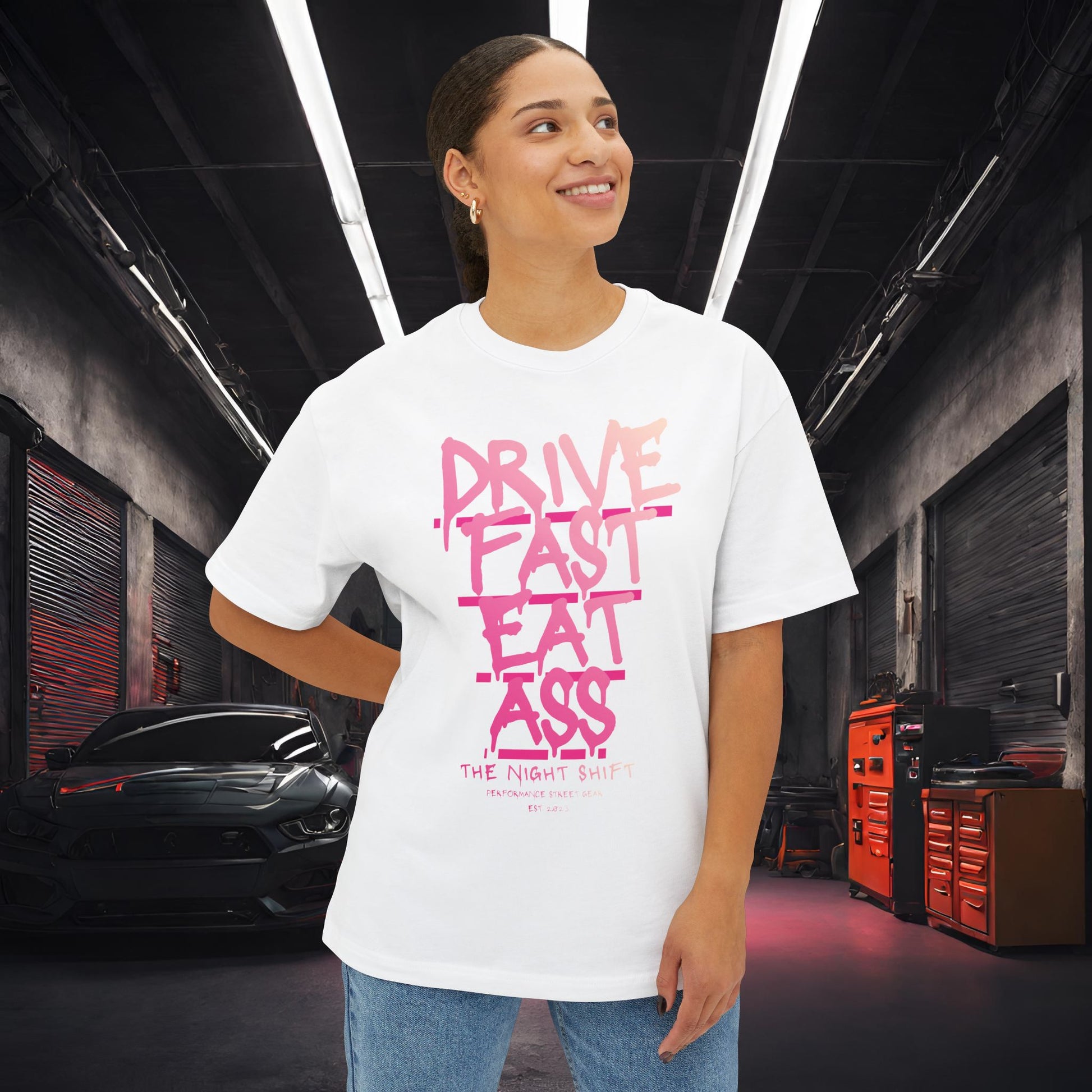 Drive Fast, Eat Ass-Premium, Ultra Soft Unisex Oversized Boxy Tee Printify by The Night Shift Automotive Apparel