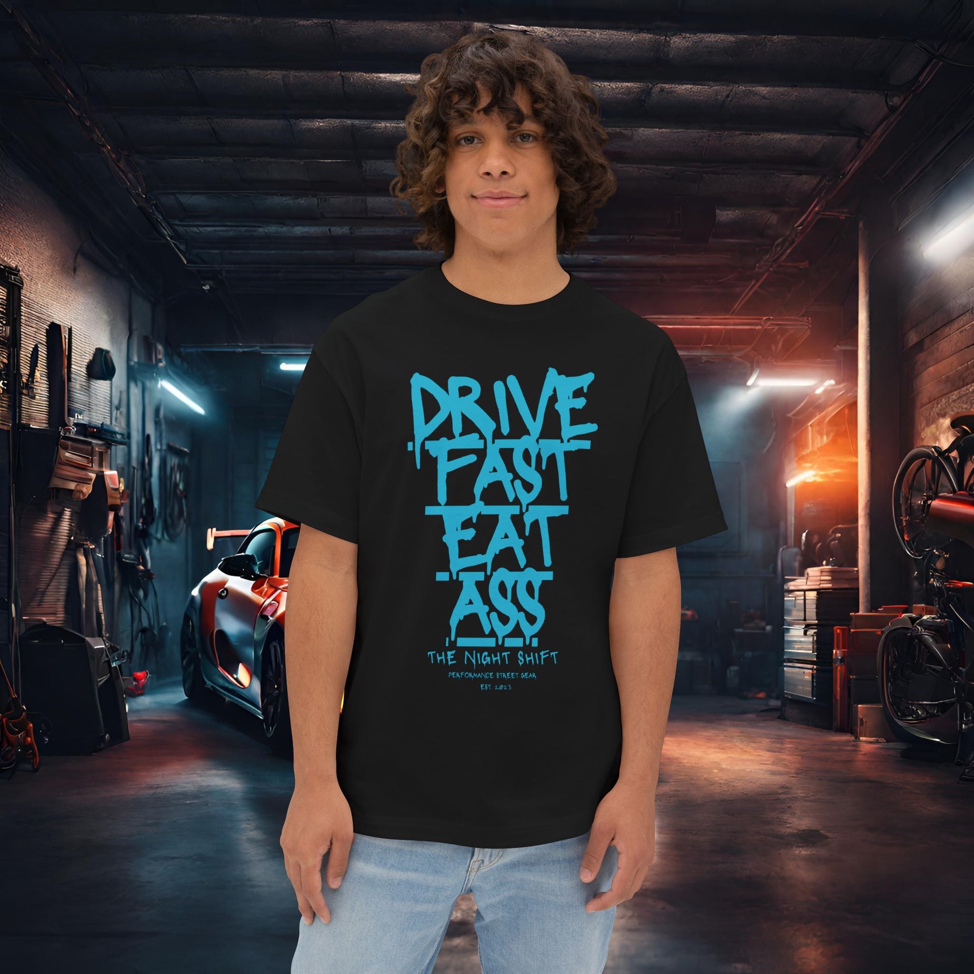 Drive Fast, Eat Ass-Premium, Ultra Soft Unisex Oversized Boxy Tee Black Printify by The Night Shift Automotive Apparel