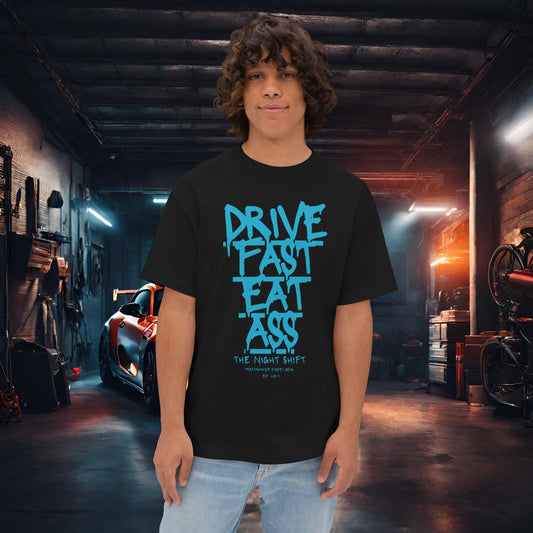 Drive Fast, Eat Ass-Premium, Ultra Soft Unisex Oversized Boxy Tee Black Printify by The Night Shift Automotive Apparel