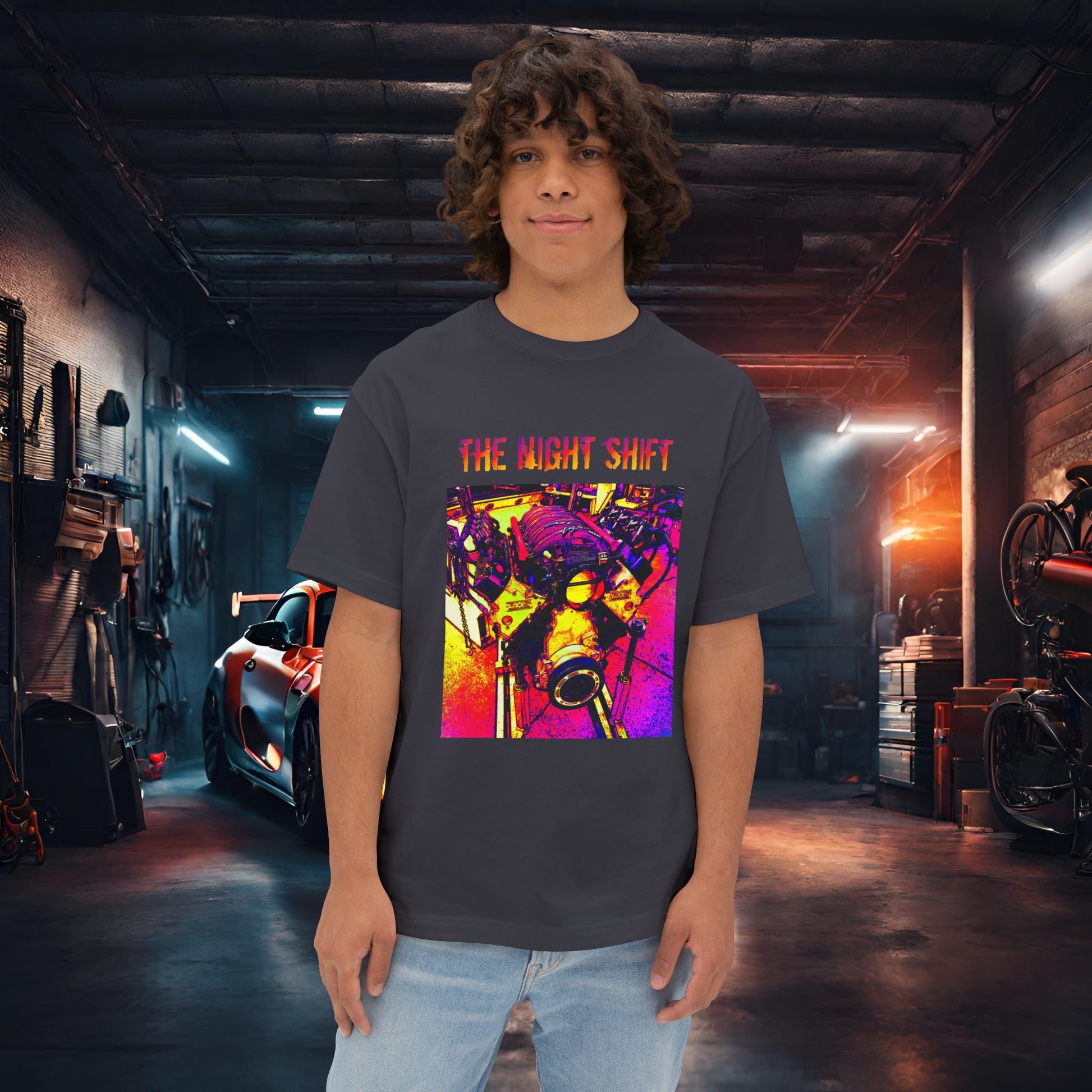 LS-X Synthwave-Premium, Ultra Soft Unisex Oversized Boxy Tee Dark Grey Printify by The Night Shift Automotive Apparel