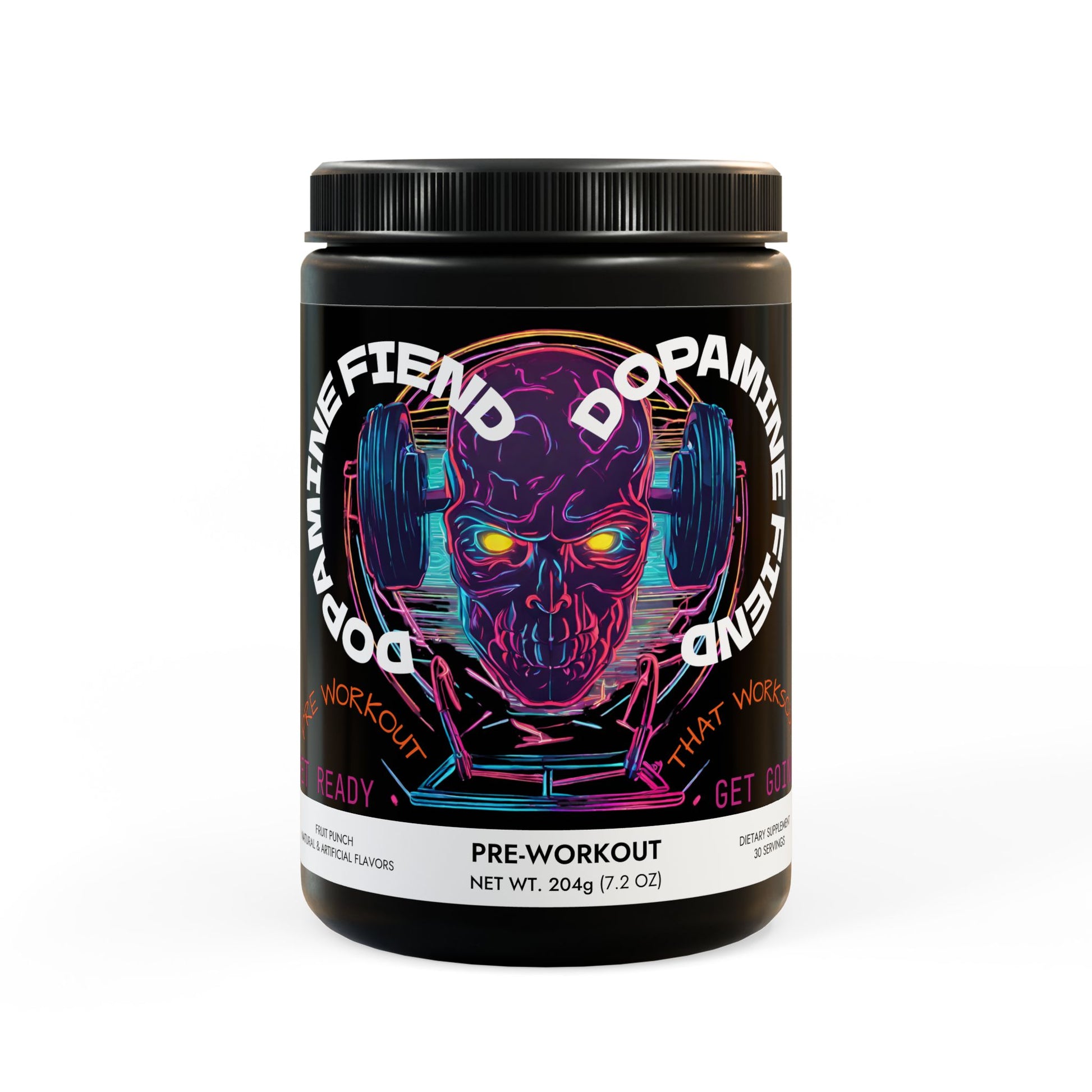 Dopamine Fiend - Pre-Workout Supplement (Fruit Punch) (204g, 7.1oz) Black jar + lid Fruit Punch NET WT 7.2 OZ (204g) Printify by The Night Shift Automotive Apparel