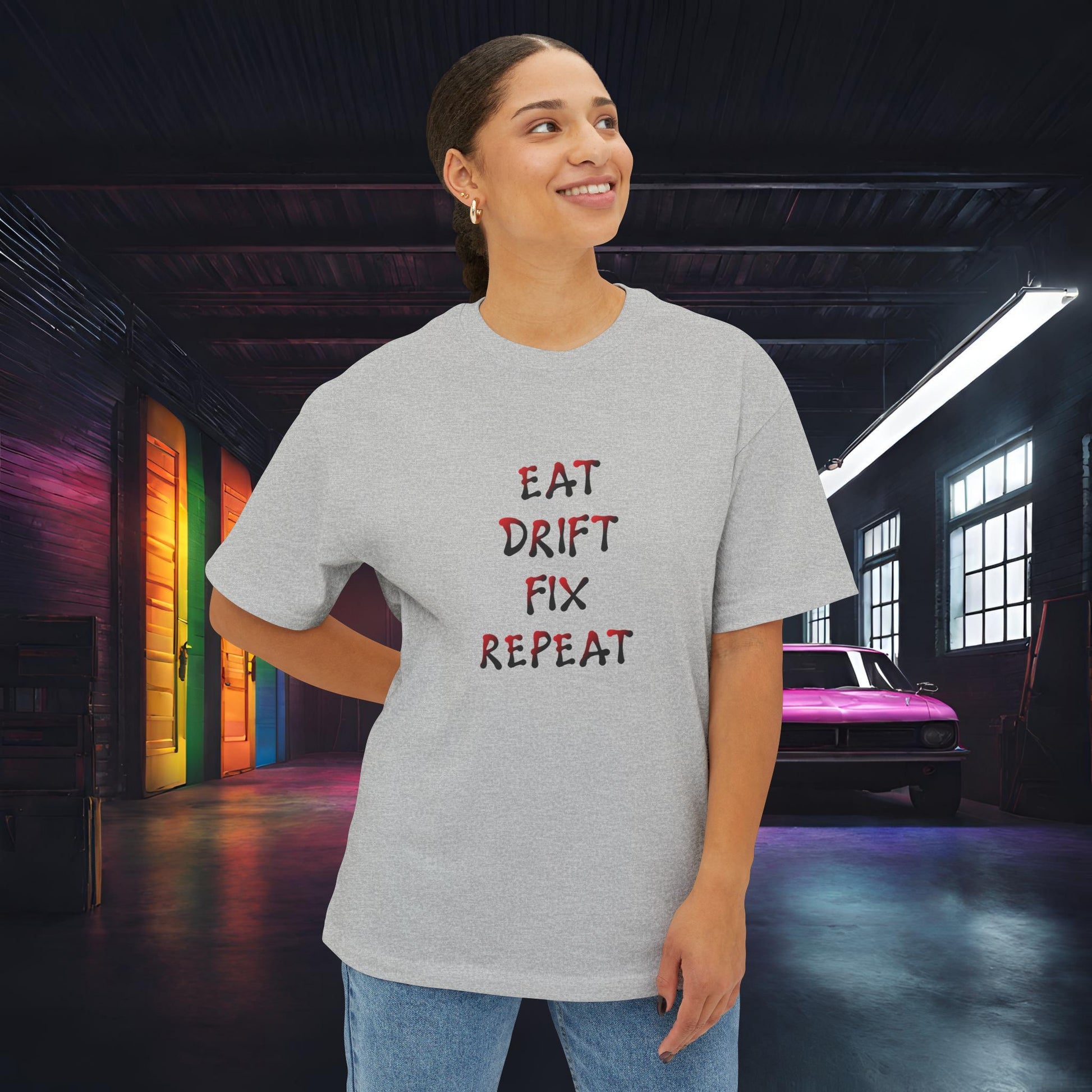 Eat, Drift, Fix, Repeat. I'll Sleep When I'm Dead-Premium, Ultra Soft, Unisex Oversized Boxy Tee Printify by The Night Shift Automotive Apparel