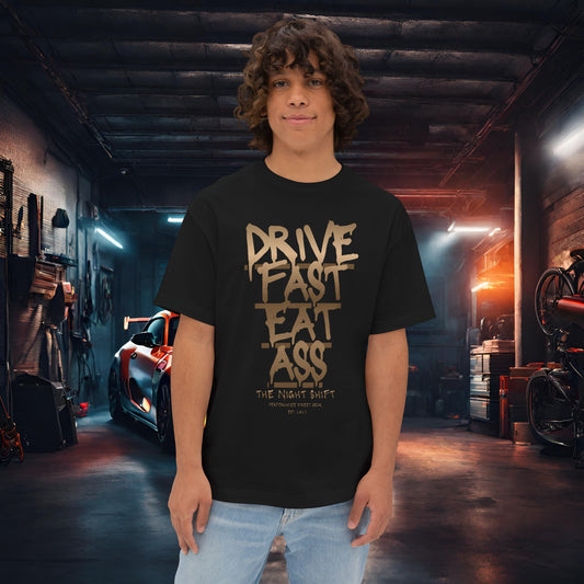 Drive Fast, Eat Ass-Premium, Ultra Soft Unisex Oversized Boxy Tee Black Printify by The Night Shift Automotive Apparel