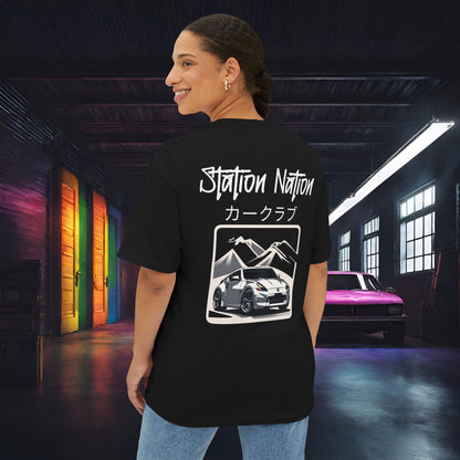 Station Nation-Premium, Ultra Soft Unisex Oversized Boxy Tee Black Printify by The Night Shift Automotive Apparel