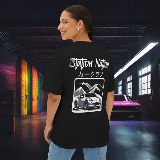 Station Nation-Premium, Ultra Soft Unisex Oversized Boxy Tee Black Printify by The Night Shift Automotive Apparel