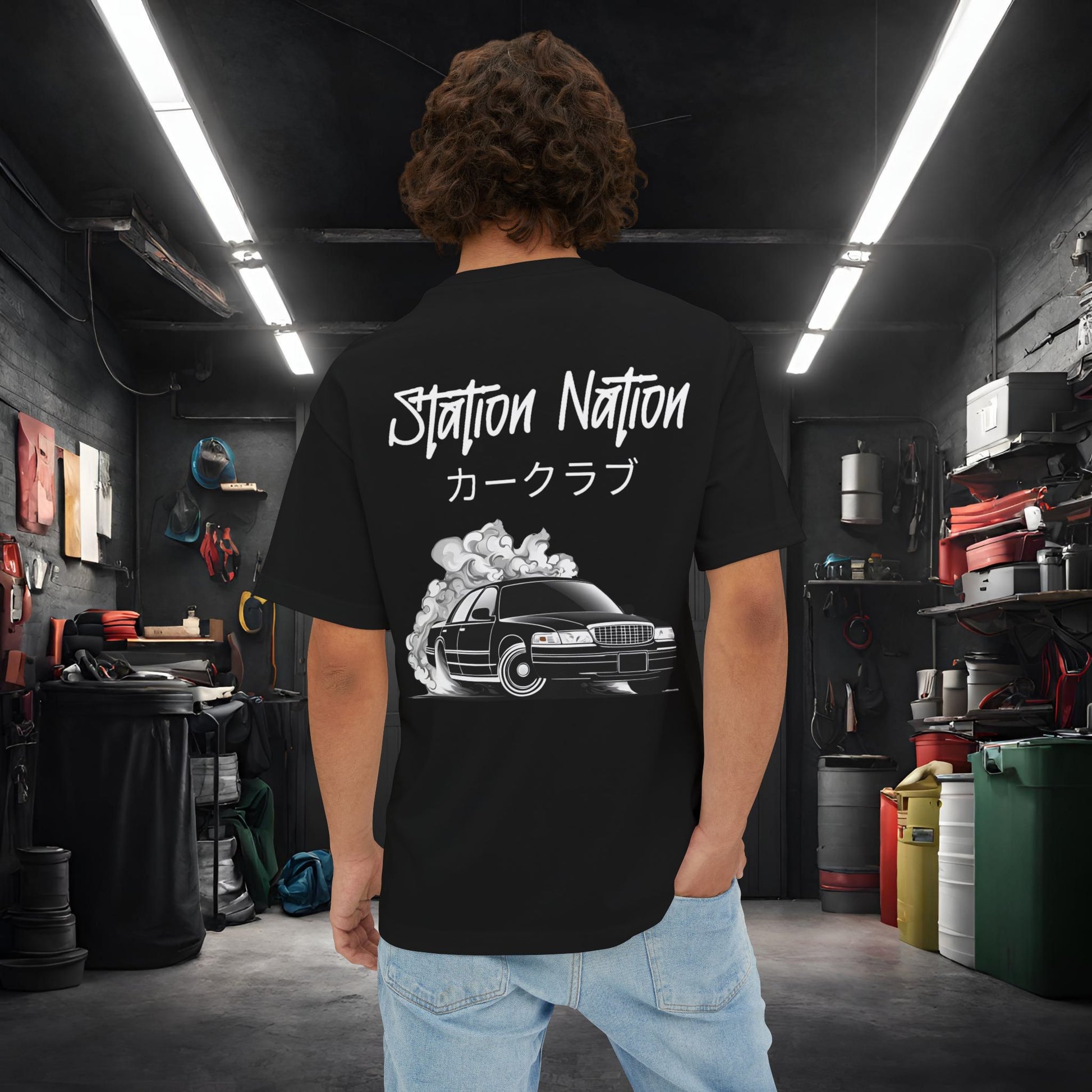 Station Nation-Premium, Ultra Soft Unisex Oversized Boxy Tee Black Printify by The Night Shift Automotive Apparel