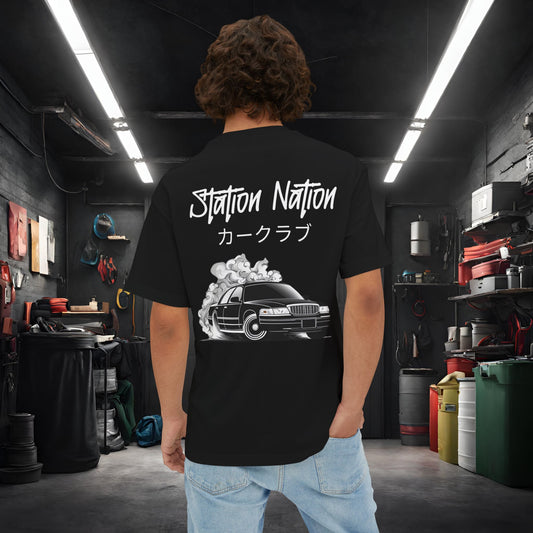 Station Nation-Premium, Ultra Soft Unisex Oversized Boxy Tee Black Printify by The Night Shift Automotive Apparel
