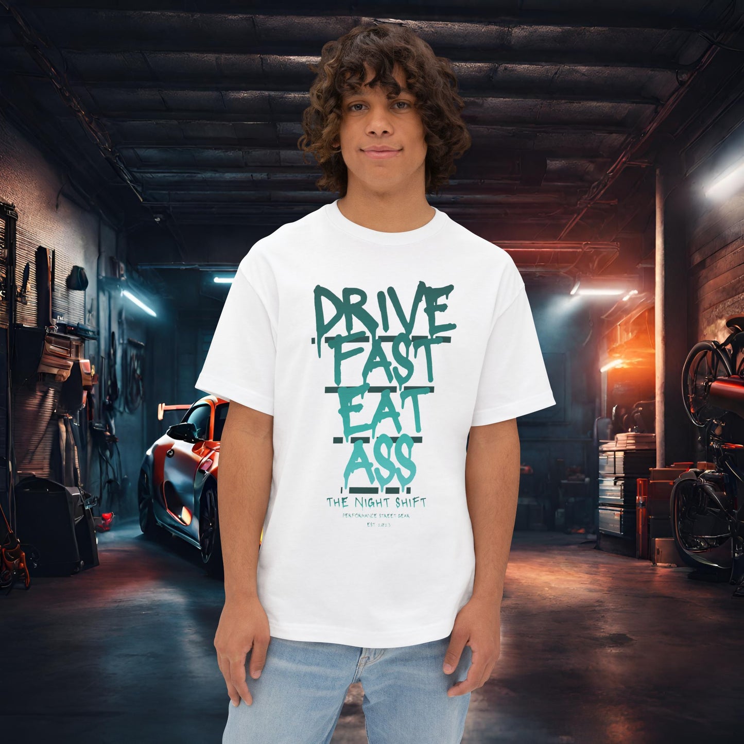 Drive Fast, Eat Ass-Premium, Ultra Soft Unisex Oversized Boxy Tee White Printify by The Night Shift Automotive Apparel