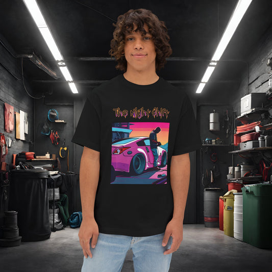 Nissan 370z Synthwave-Premium, Ultra Soft Unisex Oversized Boxy Tee Black Printify by The Night Shift Automotive Apparel