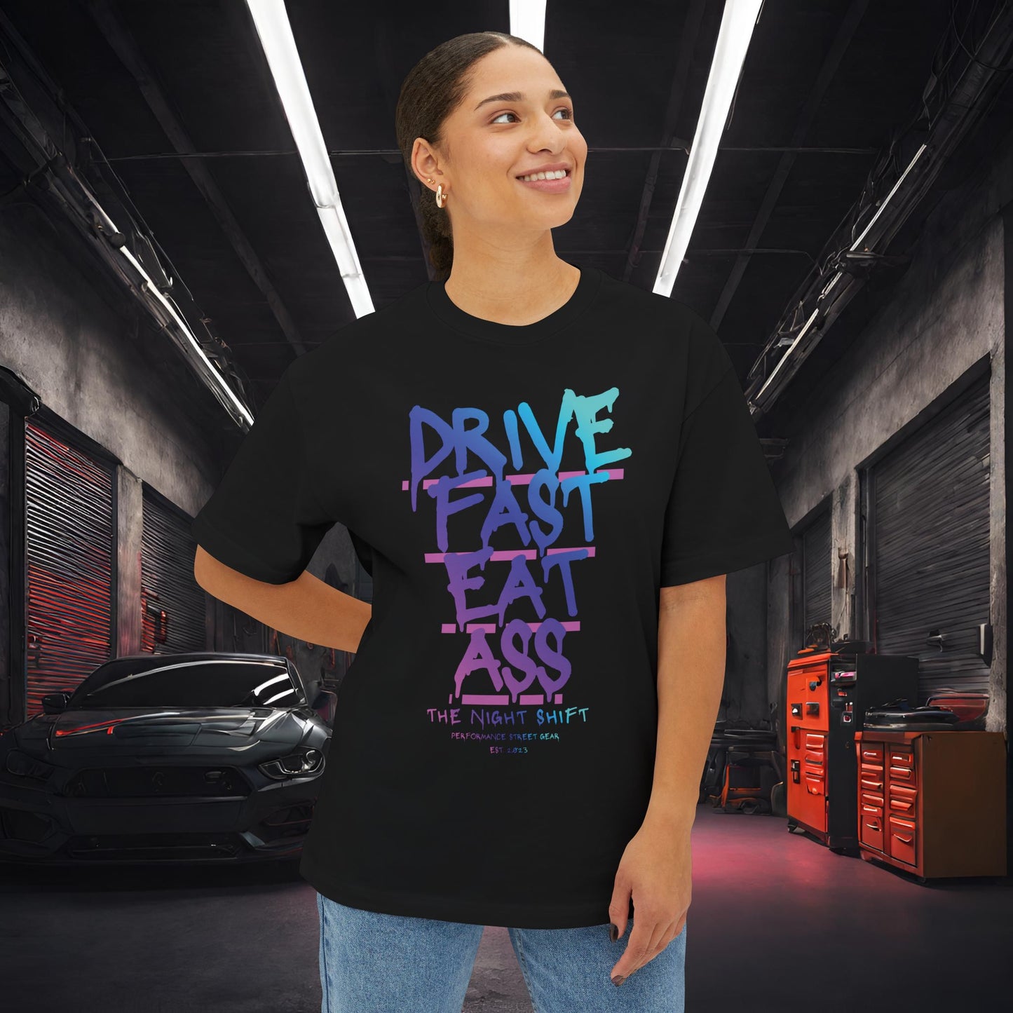 Drive Fast, Eat Ass-Premium, Ultra Soft Unisex Oversized Boxy Tee Printify by The Night Shift Automotive Apparel