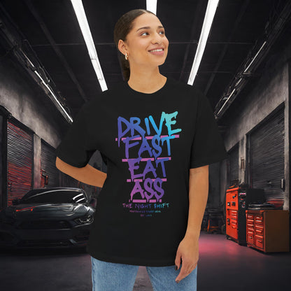 Drive Fast, Eat Ass-Premium, Ultra Soft Unisex Oversized Boxy Tee Printify by The Night Shift Automotive Apparel