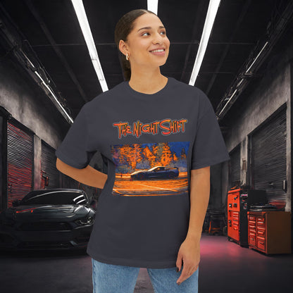 Chevy Corvette C7 Drifting Nedco NHMS-Premium, Ultra Soft Unisex Oversized Boxy Tee Printify by The Night Shift Automotive Apparel