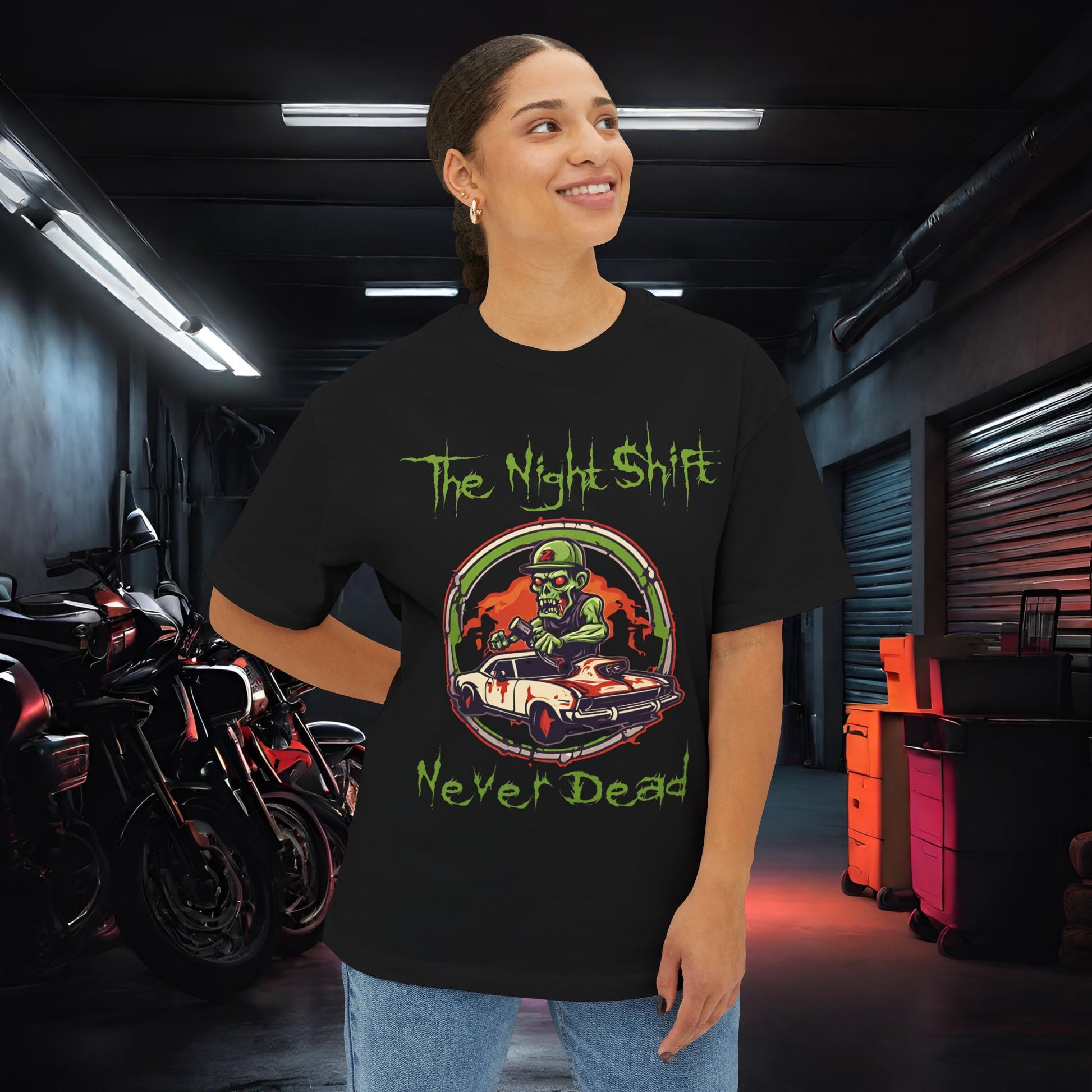 Never Dead Zombie Muscle Car-Premium, Ultra Soft Unisex Oversized Boxy Tee Printify by The Night Shift Automotive Apparel