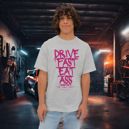 Drive Fast, Eat Ass-Premium, Ultra Soft Unisex Oversized Boxy Tee Athletic Heather Printify by The Night Shift Automotive Apparel