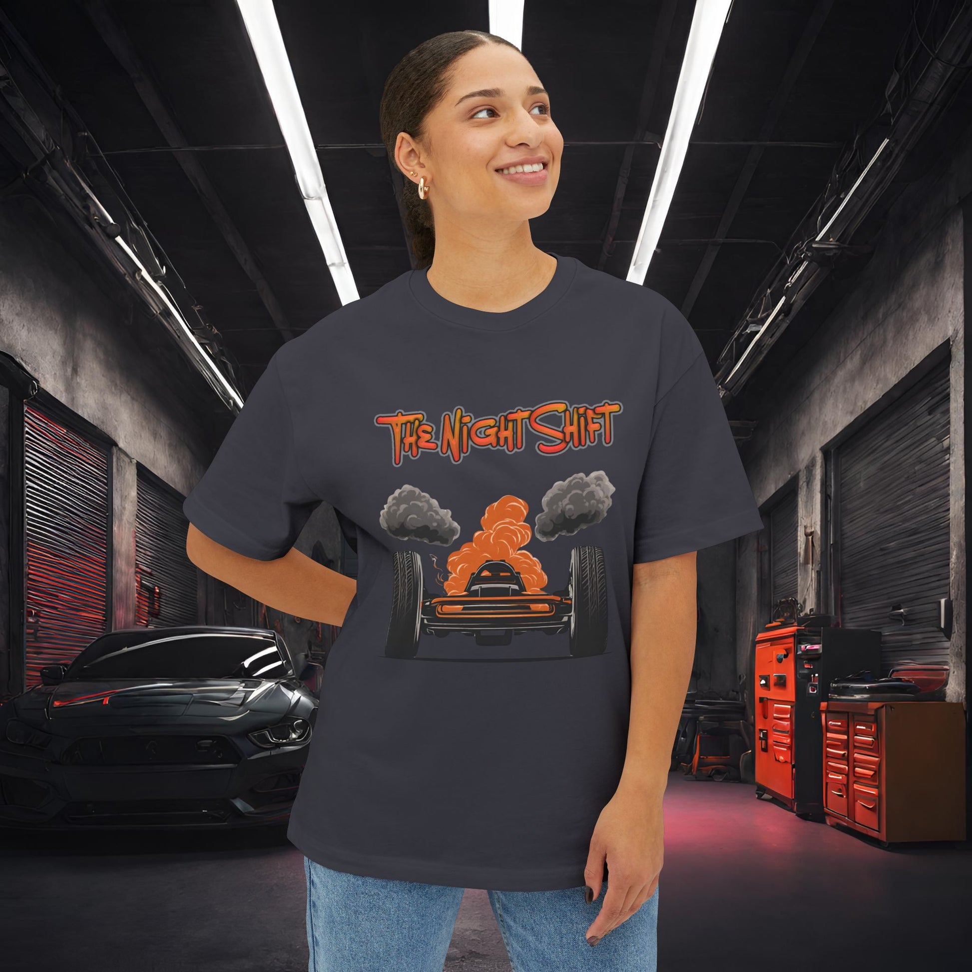 Alien UFO Big Tire Drag Racer -Premium, Ultra Soft Unisex Oversized Boxy Tee Printify by The Night Shift Automotive Apparel