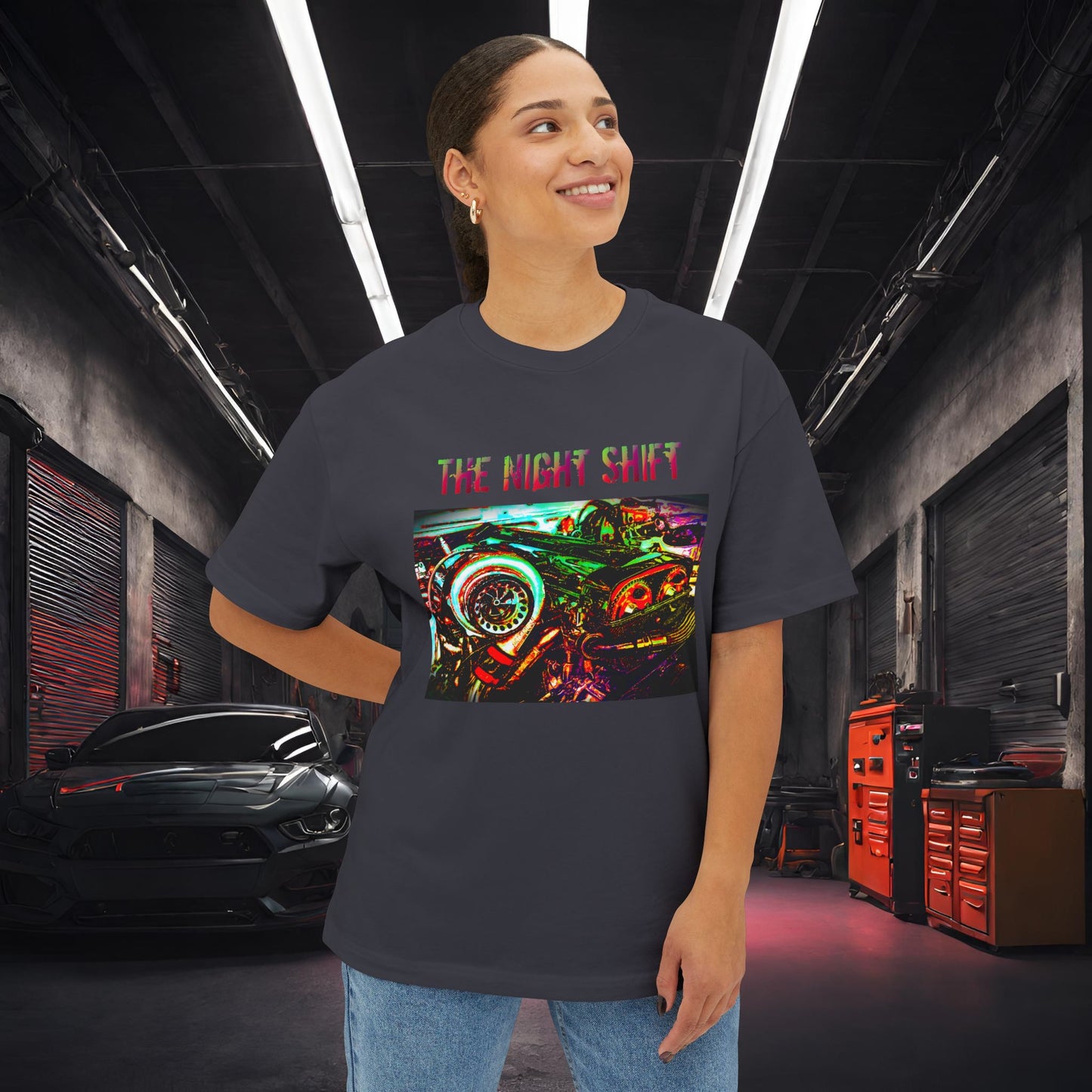 2JZ-GTE Single Turbo Synthwave-Premium, Ultra Soft Unisex Oversized Boxy Tee Printify by The Night Shift Automotive Apparel