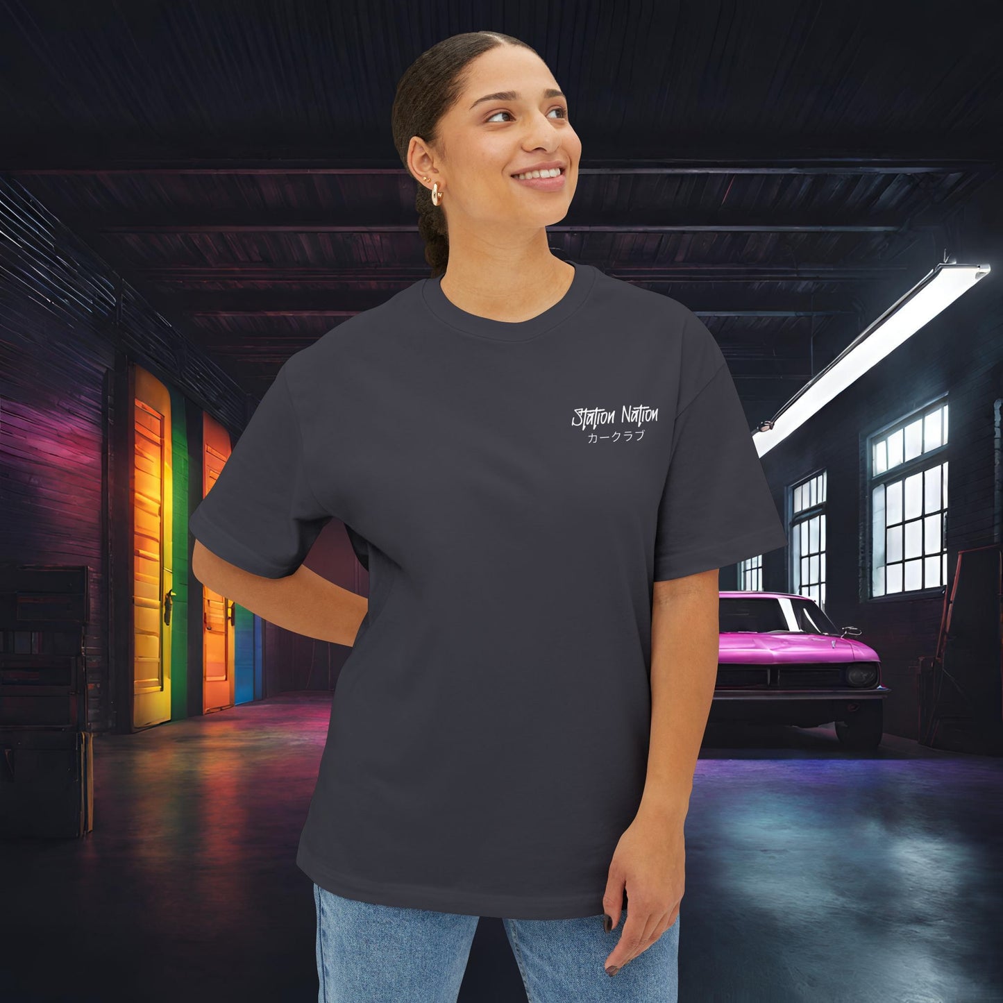 Station Nation-Premium, Ultra Soft Unisex Oversized Boxy Tee Printify by The Night Shift Automotive Apparel