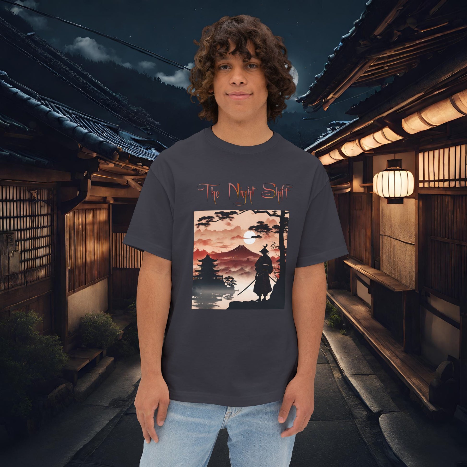 Samurai Volcano Silhouette-Premium, Ultra Soft Unisex Oversized Boxy Tee Dark Grey Printify by The Night Shift Automotive Apparel