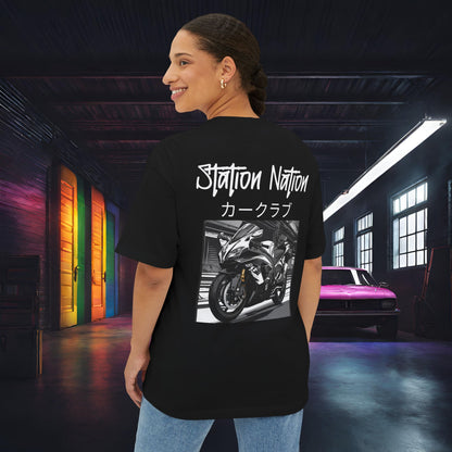 Station Nation-Premium, Ultra Soft Unisex Oversized Boxy Tee Black Printify by The Night Shift Automotive Apparel