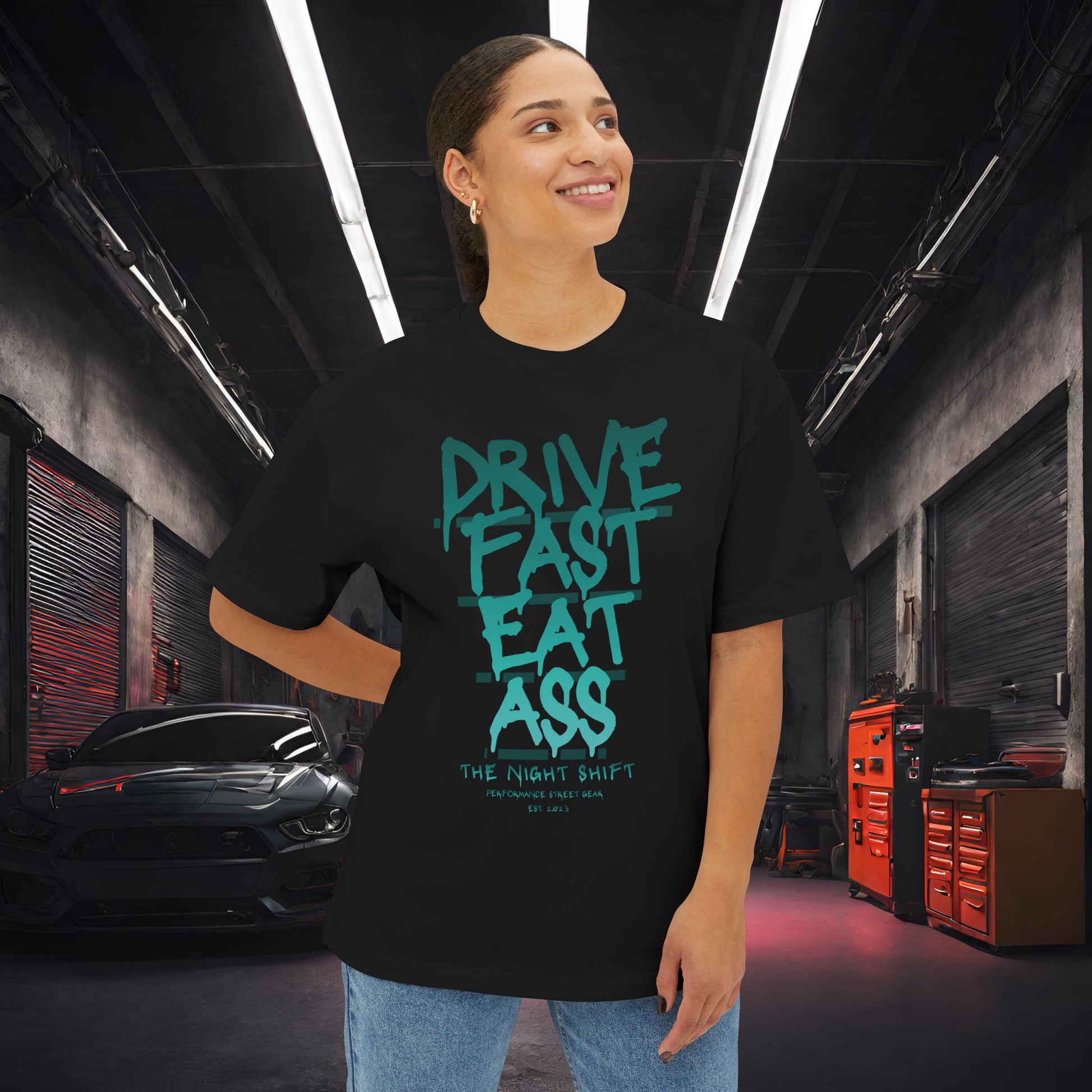 Drive Fast, Eat Ass-Premium, Ultra Soft Unisex Oversized Boxy Tee Printify by The Night Shift Automotive Apparel